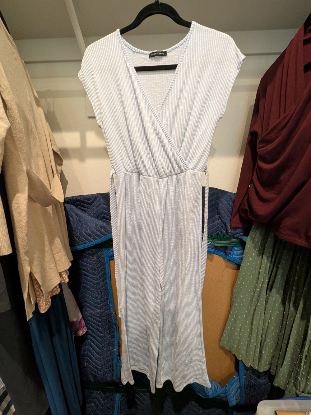 Caution To The Wind Light Blue Striped Wrap Jumpsuit